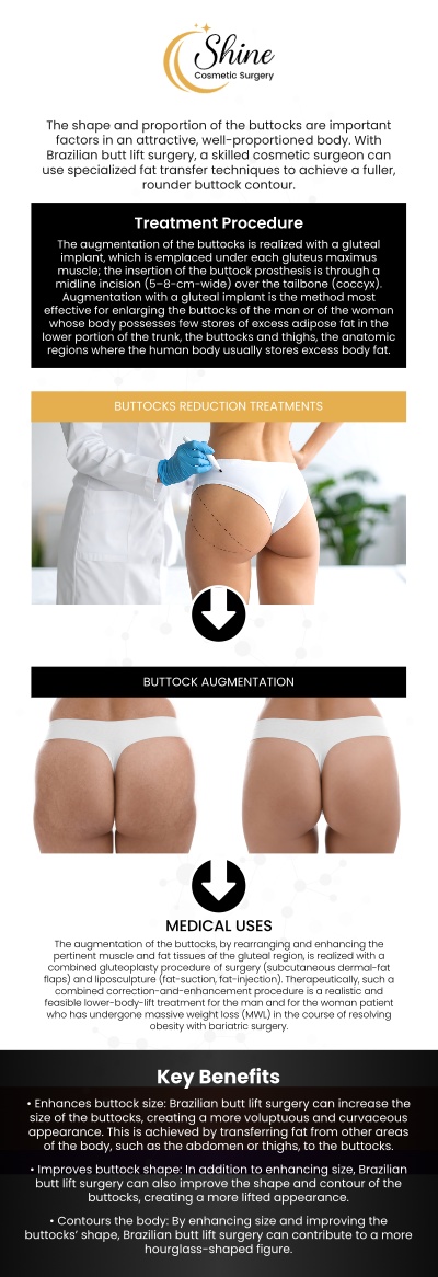 Choosing the right approach for buttock enhancement can feel overwhelming with so many options available today. At Shine Cosmetic Surgery, we often discuss Brazilian Butt Lift (BBL). It uniquely provides a more natural look and feel because it uses your own body’s fat instead of a foreign implant. This process not only enhances curves but also harmonizes with your body's contours in a way that appears organic and effortless. For more information, contact us or request an appointment online. We are conveniently located at 2707 E Valley Blvd Suite 115, West Covina, CA 91792.